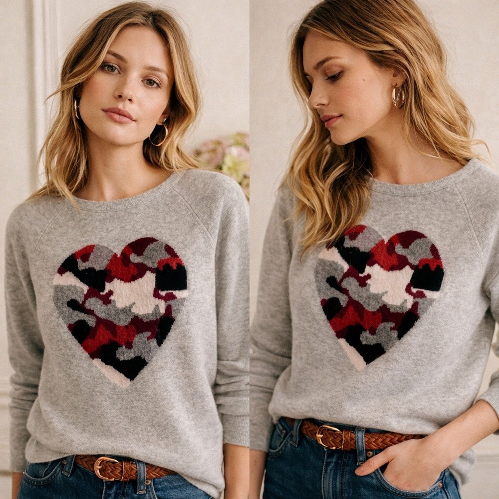 Project Cashmere Sweater Camo Heart XS Gray Pullover Sweater Quiet Luxury
